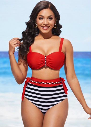 Rosewe Color Block High Waisted Stripe Print Bikini Set - XXL