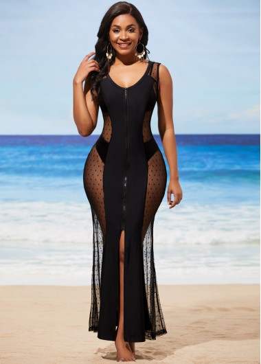 Rosewe Mesh Stitching Black Zipper Closure Cover Up Dress - XL