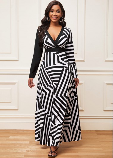 Rosewe Black Dresses Geometric Print Long Sleeve Black Maxi Dress - S