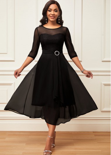 Rosewe Black Dresses Layered Hem Chiffon 3/4 Sleeve Black Dress - S