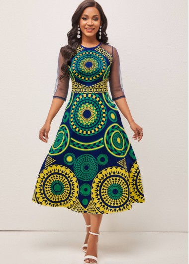 Rosewe Wedding Guest Dress 3/4 Sleeve Mesh Stitching Geometric Print Dress - L