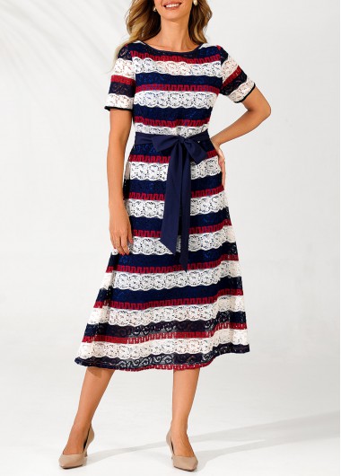 Rosewe Cocktail Party Dress Lace Panel Striped Color Block Belted Dress - M