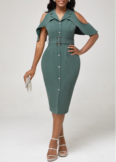 Rosewe Cocktail Party Dress Flounce Cold Shoulder Blackish Green Dress - S