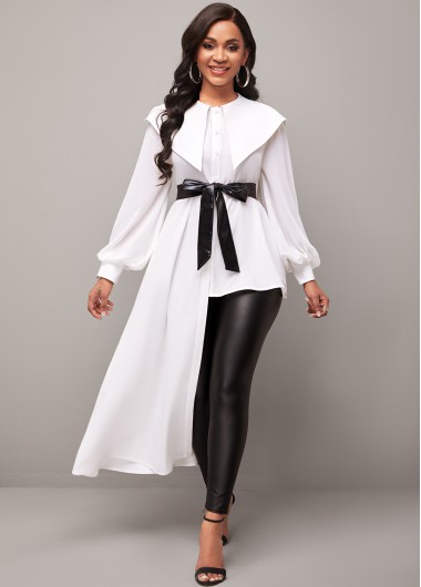 Rosewe Asymmetric Hem Chiffon Panel White Peter Pan Collar Blouse - L