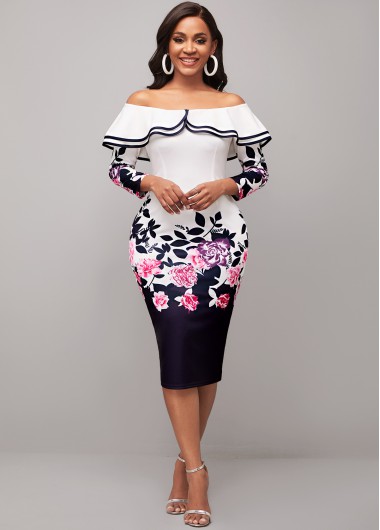 Rosewe Wedding Guest Dress Off Shoulder Flounce Floral Print White Dress - L