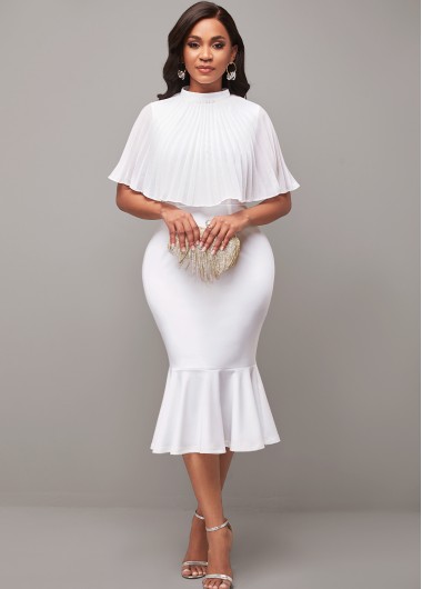 Rosewe Wedding Guest Dress White Cape and Short Sleeve Mermaid Dress - L