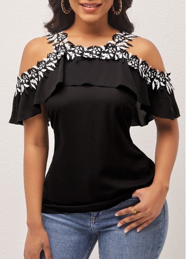 Rosewe Flounce Lace Stitching Cold Shoulder Black Blouse - L