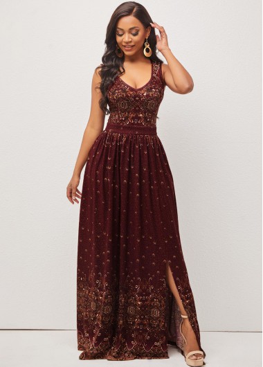 Rosewe Cocktail Party Dress Wine Red Side Slit Sleeveless Dress - M