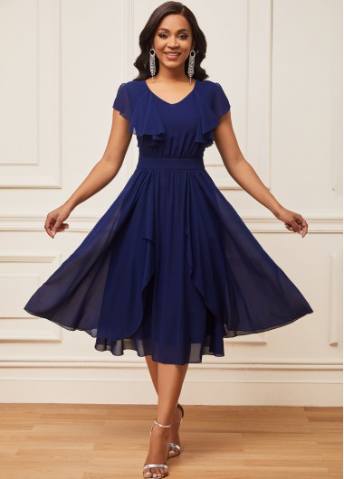 Rosewe Cocktail Party Dress Chiffon Navy Blue V Neck Short Sleeve Dress - L