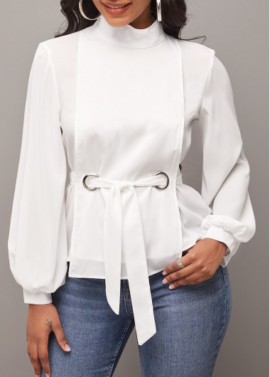 Rosewe White Mock Neck Long Sleeve Belted Blouse - 2XL