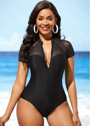 Rosewe Mesh Stitching Cutout Black One Piece Swimwear - XXL