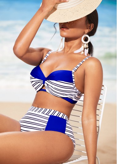 Rosewe Royal Blue Stripe Print Contrast Bikini Set - L
