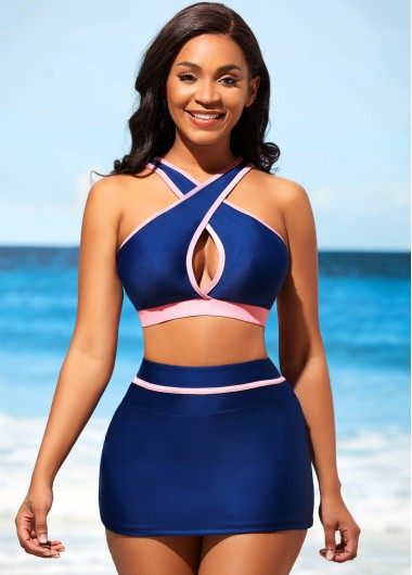 Rosewe Contrast Stitch High Waist Navy Blue Bikini Set - L