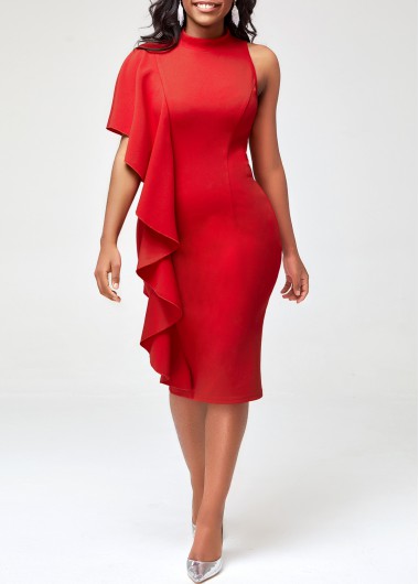 Rosewe Party Dress Flounce One Shoulder Mock Neck Red Dress - L