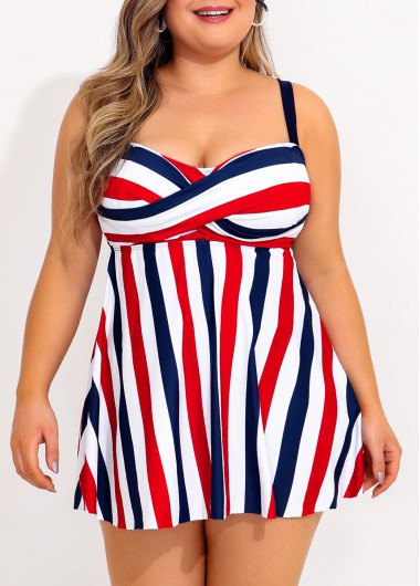 Rosewe Plus Size Cross Front Striped Swimdress and Panty - 3X