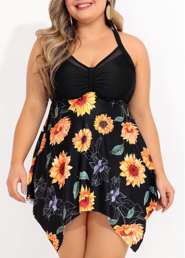 Rosewe Asymmetric Hem Plus Size Sunflower Print Swimdress Top - 2X
