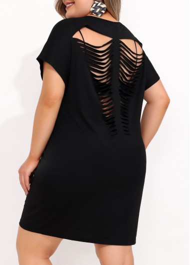 Rosewe Plus Size Sheer Back Short Sleeve Black Cover Up - 3X
