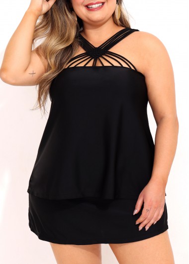 Rosewe Plus Size Multi Strap Black Tankini Set - 3X