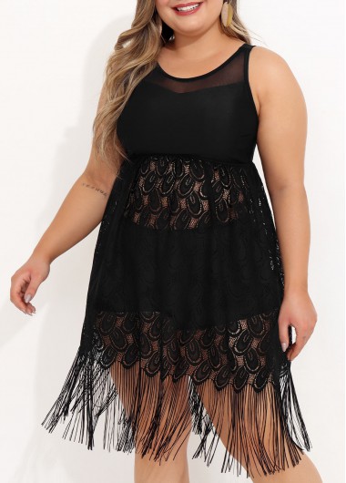Rosewe Lace Stitching Tassel Plus Size Black Swimdress Top - 2X