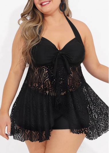 Rosewe Asymmetric Hem Plus Size Black Tie Front Swimdress Top - 1X