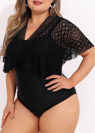 Rosewe Black Plus Size Lace Stitching One Piece Swimwear - 2X