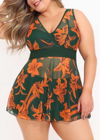 Rosewe Olive Green Floral Print Plus Size Swimdress and Shorts - 2X