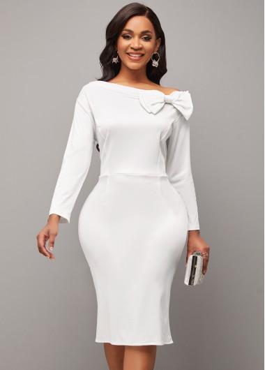 Rosewe White Dresses White Off Shoulder Bowknot Bodycon Dress - L