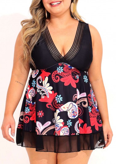 Rosewe Tribal Print Plus Size Mesh Stitching Swimdress Top - 2X