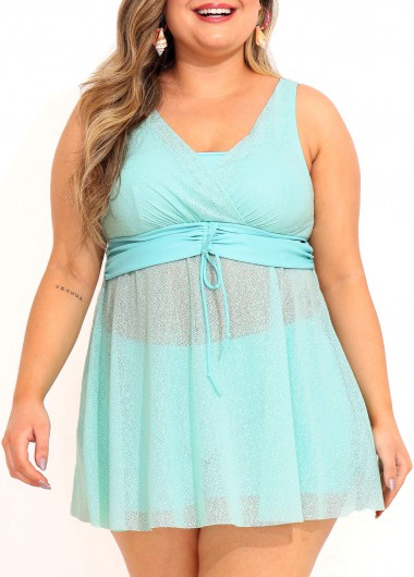 Rosewe Cyan Plus Size Drawstring Detail Swimdress and Shorts - 1X