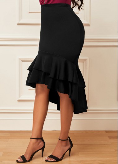 Rosewe Layered Dip Hem High Waist Black Mermaid Skirt - M