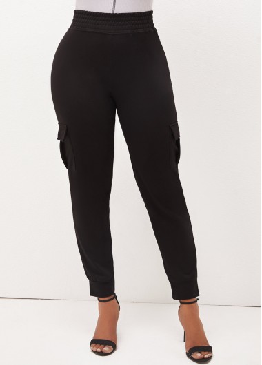 Rosewe High Waist Black Elastic Detail Pockets Pants - M