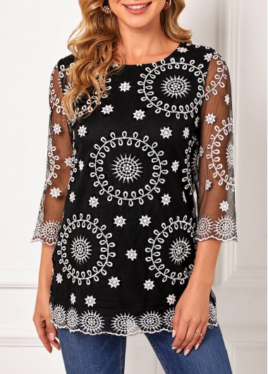 Rosewe Embroidered Black Lace Stitching 3/4 Sleeve T Shirt - XL