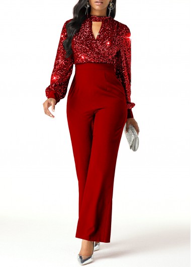 Rosewe Red Cutout Detail Sequin Long Sleeve Jumpsuit - XL