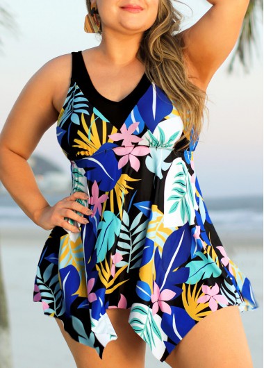 Rosewe Hanky Hem Leaf Print Plus Size Swimdress Top - 1X
