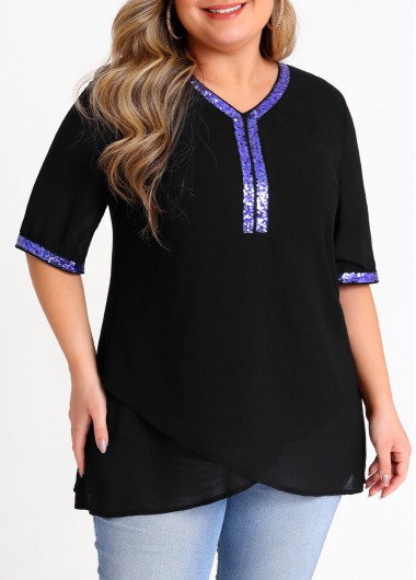 Rosewe Plus Size Black Half Sleeve Sequin Blouse - 3X