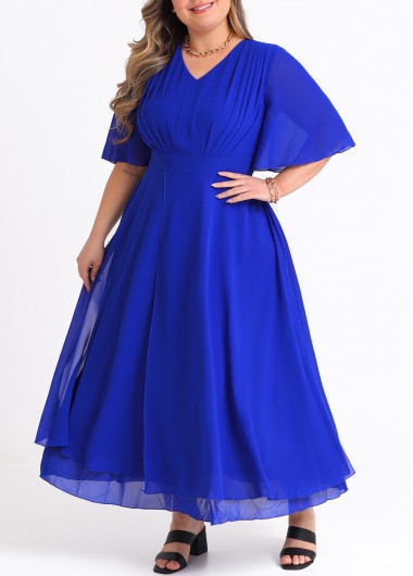 Rosewe Plus Size V Neck Royal Blue Dress - 1X