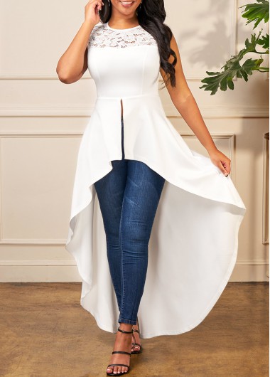 Rosewe White Lace Stitching Dip Hem Blouse - L