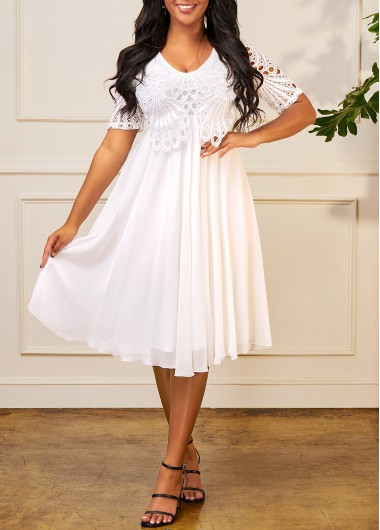 Rosewe Wedding Guest Dress Chiffon Lace Stitching Short Sleeve White Dress - M