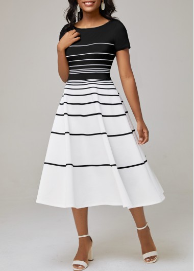 Rosewe Cocktail Party Dress Color Block Boat Neck Striped Dress - L
