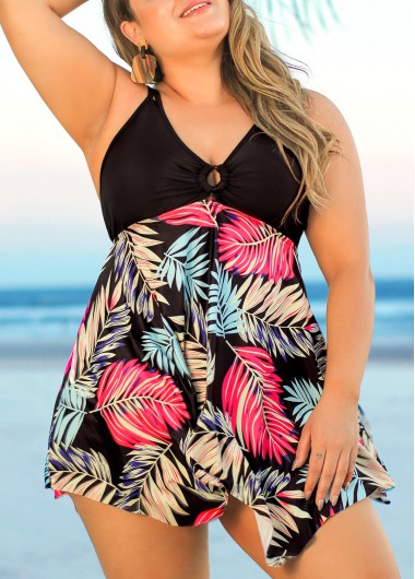 Rosewe Tropical Print Plus Size Black Swimdress Top - 1X