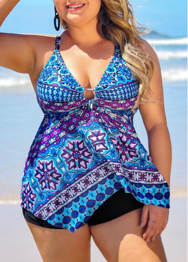 Rosewe Plus Size Asymmetric Hem Blue Tribal Print Tankini Top - 3X