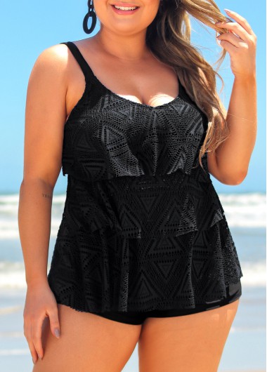 Rosewe Plus Size Lace Layered Hem Black Tankini Top - 2X