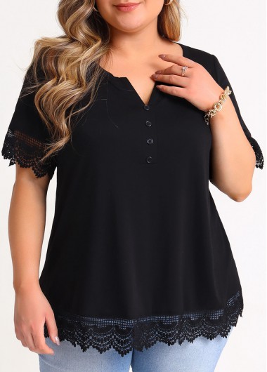 Rosewe Black Lace Patchwork Plus Size Blouse - 1X