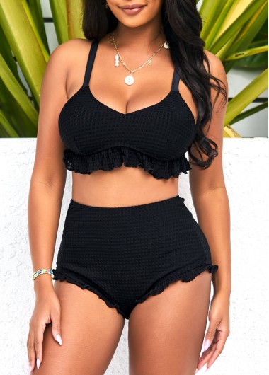 Rosewe High Waisted Flounce Criss Cross Back Black Bikini Set - XXL