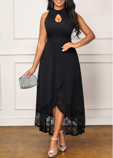 Rosewe Black Dresses Lace Stitching Black Crossover Hem Keyhole Neckline Dress - M