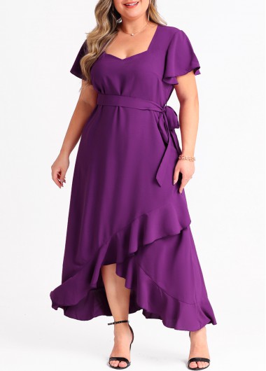 Rosewe Purple Red Flounce Plus Size Belted Wrap Dress - 1X