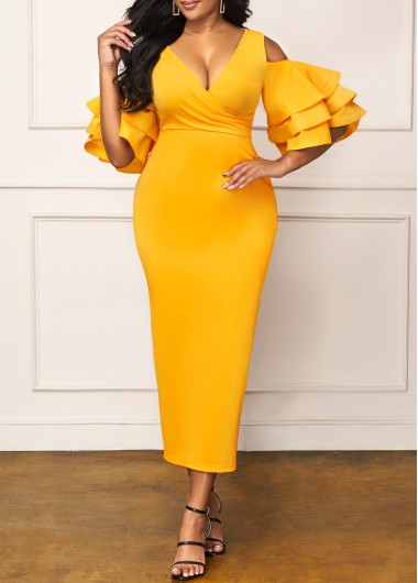 Rosewe Cocktail Party Dress Layered Ruffle Sleeve Back Slit Yellow Dress - XXL
