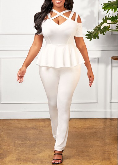 Rosewe Cage Neck Flounce Cold Shoulder White Jumpsuit - XXL