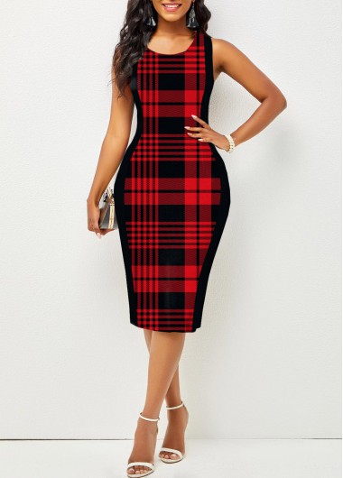 Rosewe Red Dresses Red Round Neck Plaid Sleeveless Bodycon Dress - XL