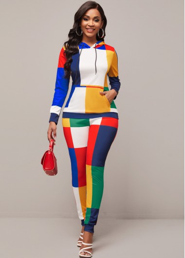 Rosewe Contrast Drawstring Hooded Collar Kangaroo Pocket Sweatsuit Set - 2XL